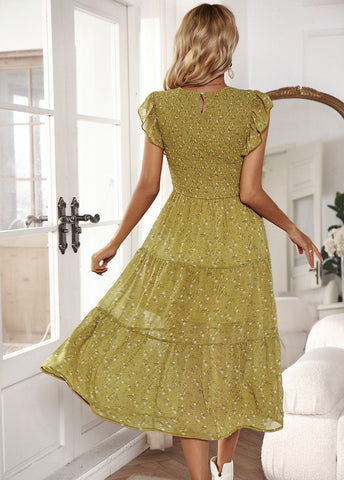 Vestido midi plisado elástico con mangas de loto y cuello redondo floral 