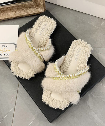 Stilvolle Splicing Fuzzy Pelz Hausschuhe Schuhe Braun Nagel Perle 