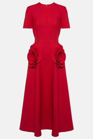 Vestido midi rojo de manga corta con cuello redondo y estampado floral 3D 