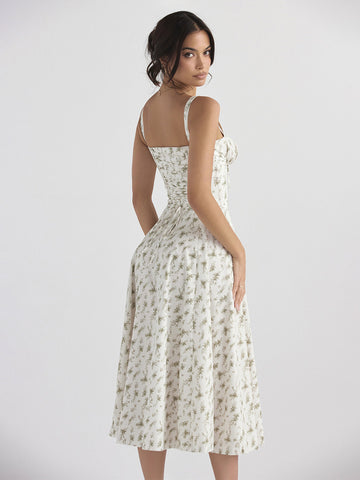 Vestido midi de fiesta con corsé, floral, tirantes anchos, espalda descubierta y abertura lateral