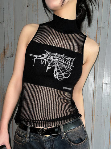 Streetwear Punk Hollowed Out Sleeveless Vest Sexy Tank Top Women Spider Print Goth Aesthetic Summer Fashion Girls Casual Tops