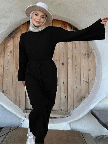Vestido tipo suéter de manga larga, cintura alta, con cordones, para otoño e invierno, color liso, informal, tejido básico, largo 