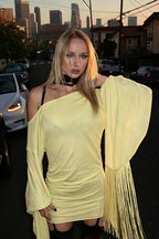 Flare Sleeve Tassel Patchwork Asym Neck Mini Dress