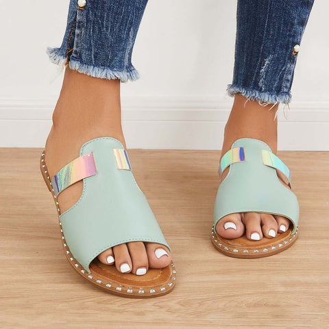 Bunte, offene Zehenpartie zum Hineinschlüpfen, flache Hausschuhe, Slide-Sandalen 