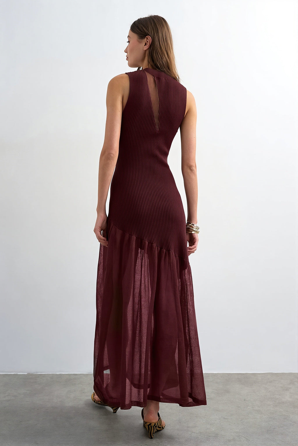 Ribbed Knit Mesh Splice Maxi Dress
