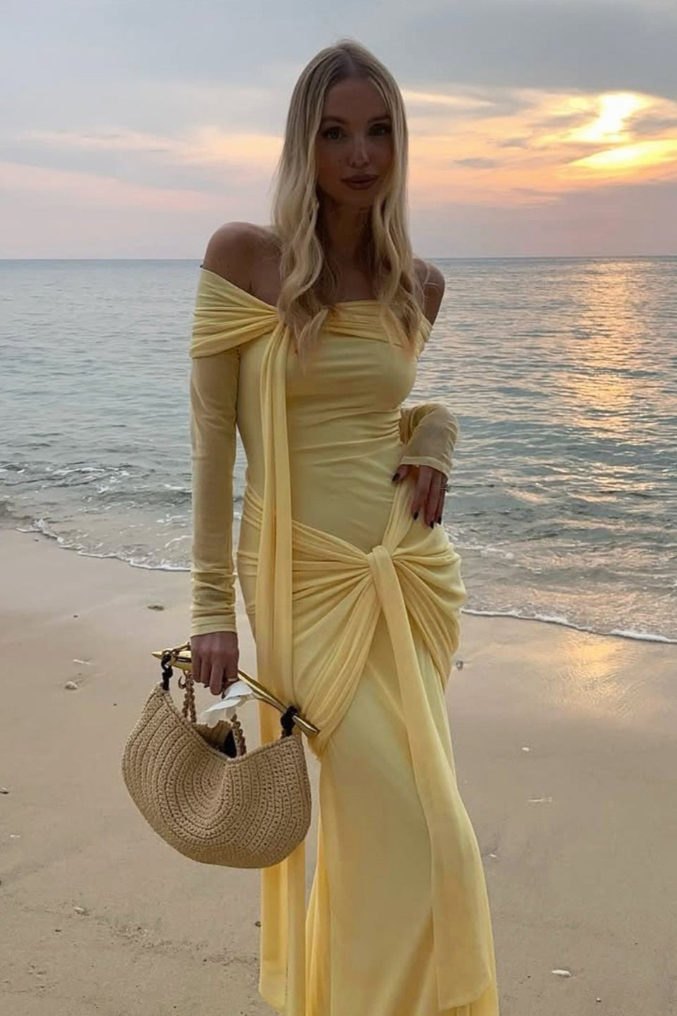 Off Shoulder Long Sleeve Solid Tie Bodycon Maxi Dress