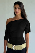 Chic Solid Off Shoulder Shirred Waist T-shirt