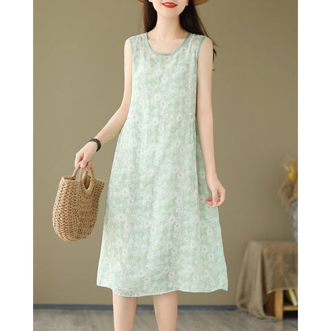 Summer Stylish Casual Sleeveless Linen Floral Dress