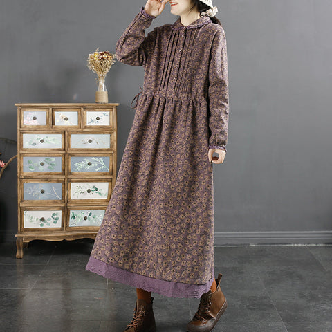Vestido retro plisado de algodón y lino con estampado floral de invierno 
