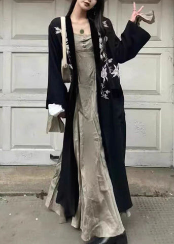 New Black Embroideried Cozy Cotton Long Cardigan Long Sleeve
