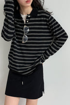 Soft Wool Striped Polo Collar Long Sleeve Long Sleeve Tee