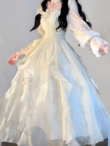Elegante vestido de hada con volantes lisos, moda coreana, vestido midi ajustado de cintura A, vestido de fiesta de princesa para primavera y verano para mujer. 