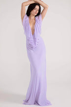 Simple Deep V Ruffle Solid Elegant Maxi Dress