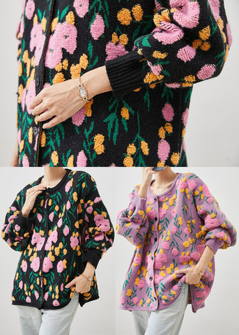 Cárdigan de punto jacquard negro con cuello redondo para invierno 