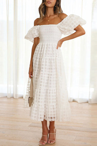 Vestido midi con mangas abullonadas y fruncido de tela con estampado cuadrado Dare To Dance 