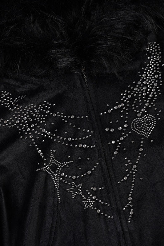 Gothic Rhinestone Fur Paneled Slim Hoodie