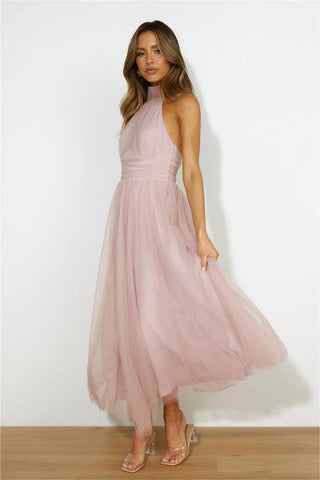 Sleeveless Lace Up Halter Neck Midi Dress Pink