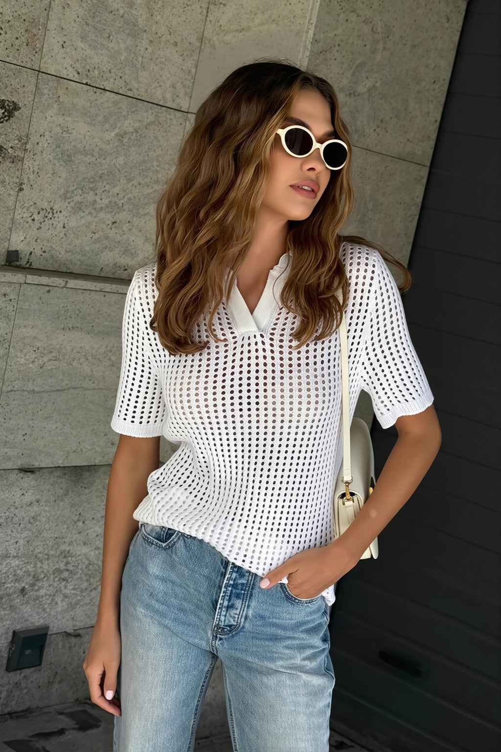 Solid Knit Polo Shirt Cut Out Sexy Elegant Multicolor Blouse