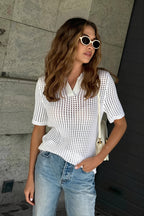 Solid Knit Polo Shirt Cut Out Sexy Elegant Multicolor Blouse