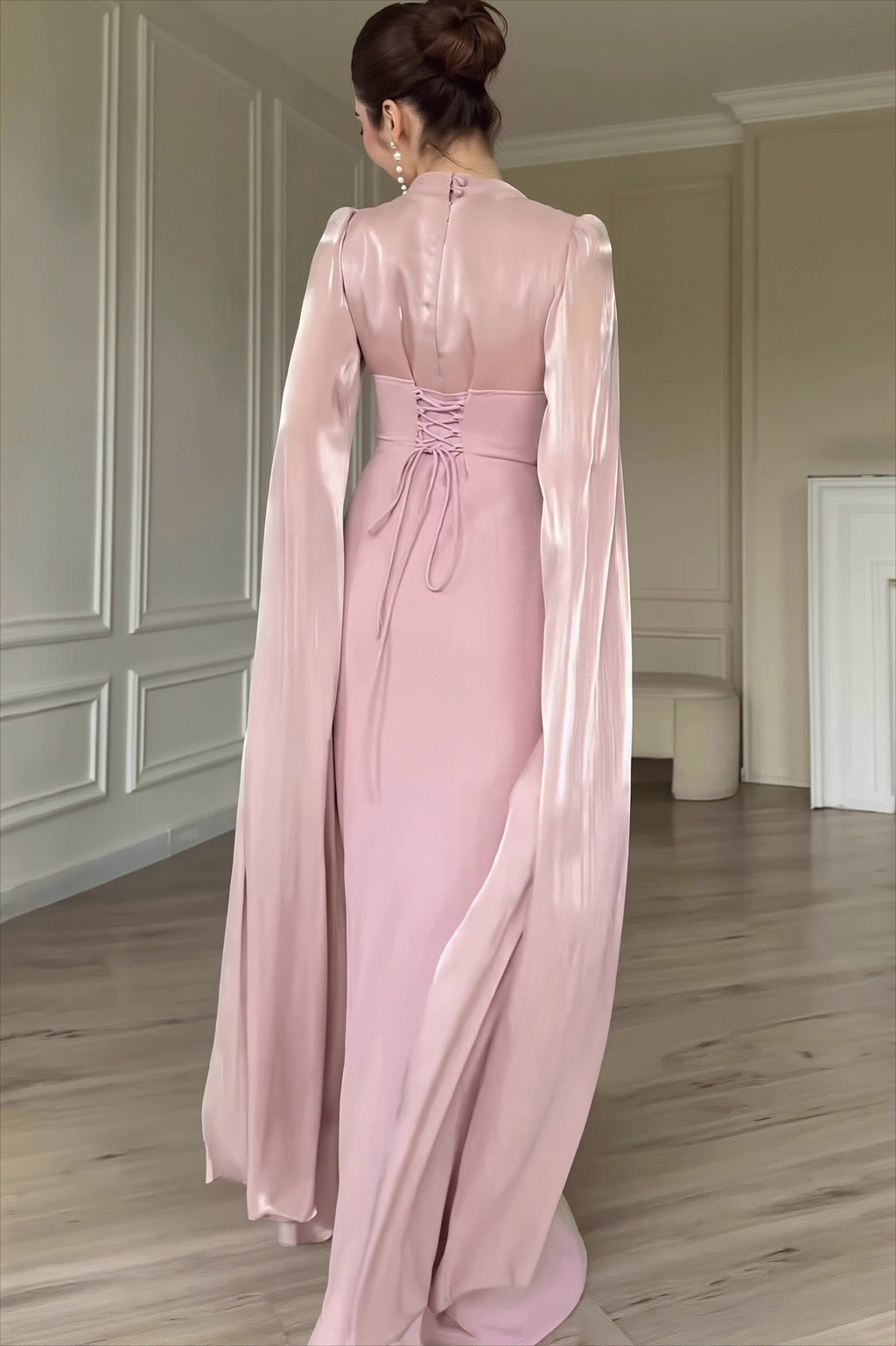 Glossy Flowy Sleeve Slim Maxi Dress