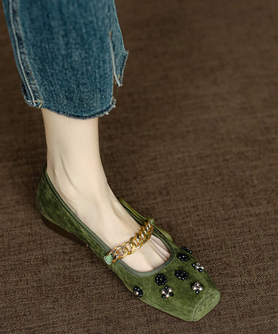French Apricot Square Toe Bow Nail Bead Flats Shoes