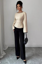 Solid Flare Sleeve Ruched Waist Blouse
