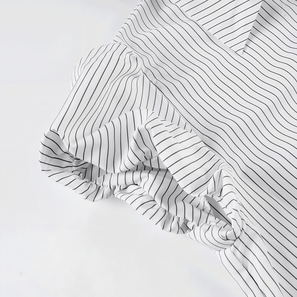 Striped Button Down Shirt Tie Waist Lapel Blouse