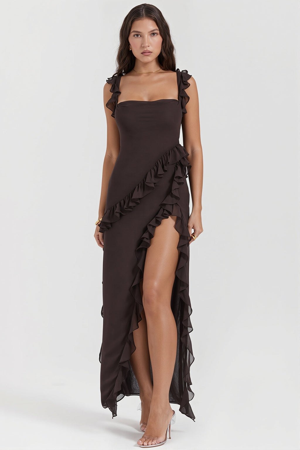 Ribbon Ruffle Splice Slit Maxi Dress