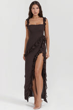 Ribbon Ruffle Splice Slit Maxi Dress