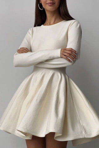 Flowy French Style Crew Neck Long Sleeve Fit and Flare Sweater Mini Dress - White