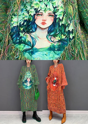 Vestido maxi informal de punto con cuello redondo y estampado verde para vacaciones de invierno 