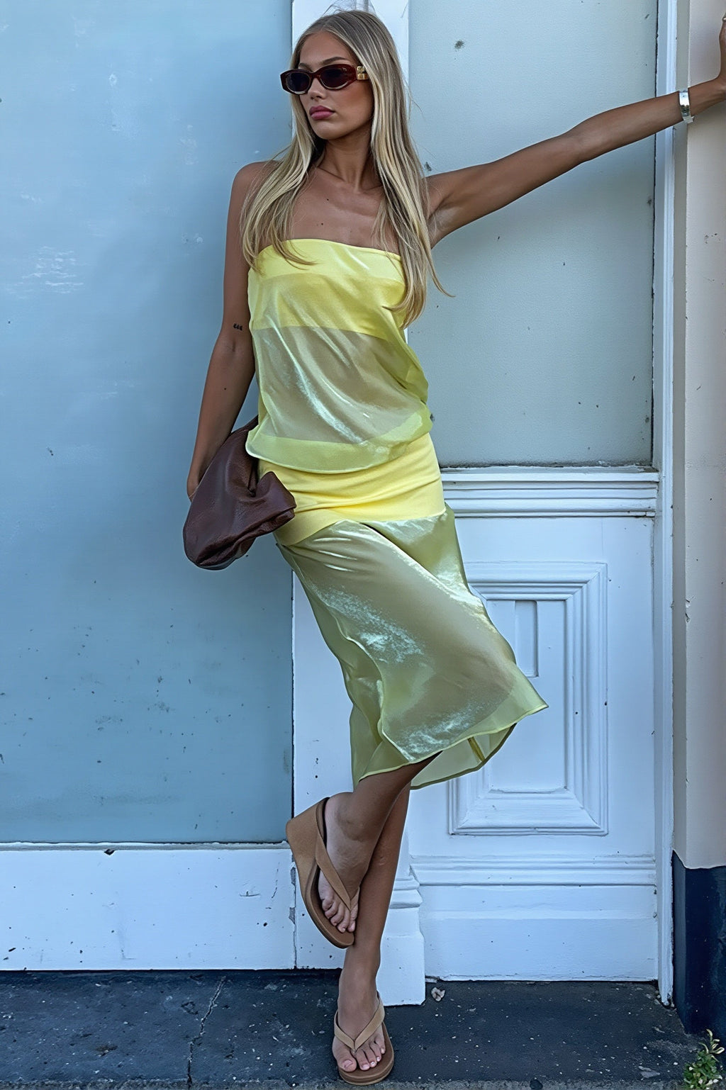 Strapless Contrast Sheath Sheer Midi Dress