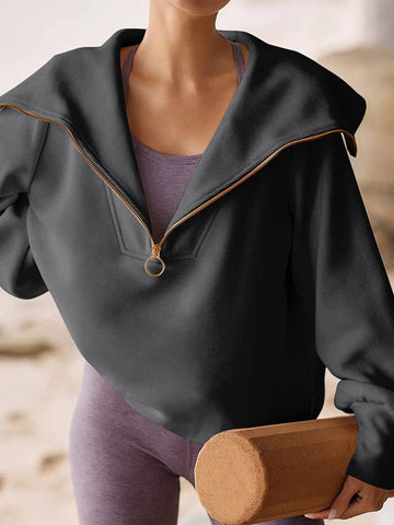 Long Sleeves Loose Solid Color Zipper Lapel Sweatshirt Tops