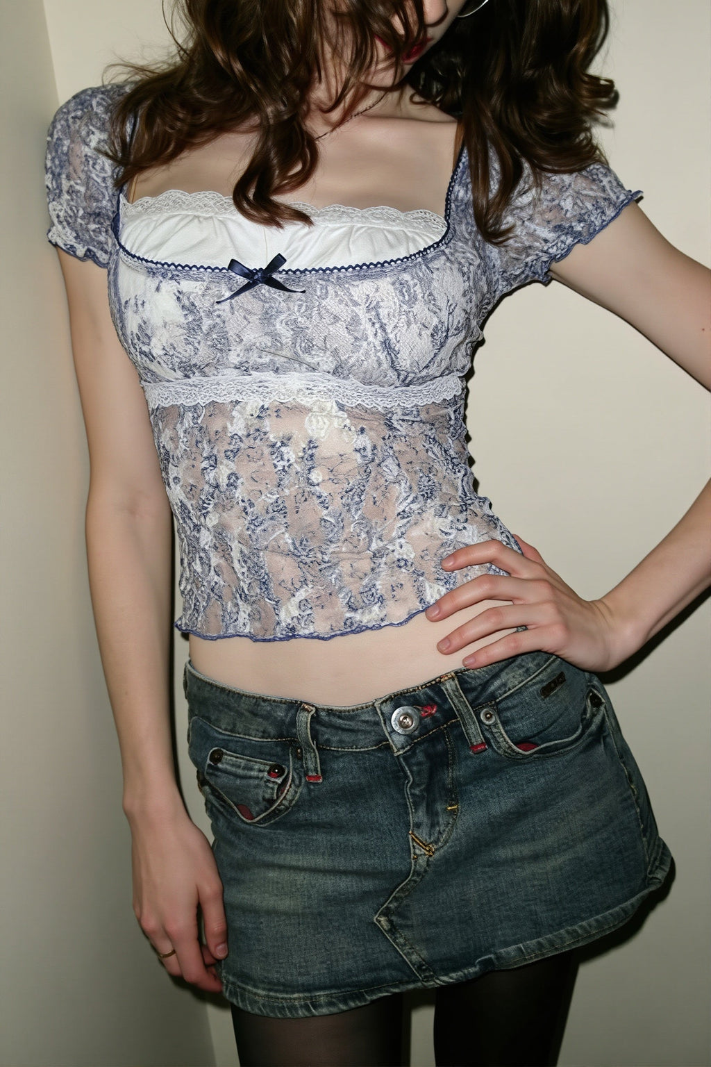 Lace Floral Mesh Fake Two Piece Blouse