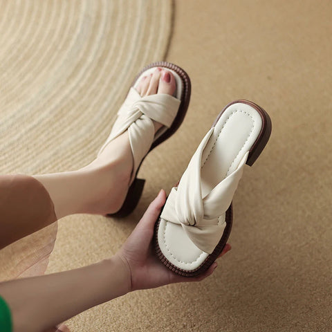 Zapatos de verano para mujer, sandalias de piel auténtica de tacón bajo, zapatos planos concisos, zapatillas de punta abierta para mujer 