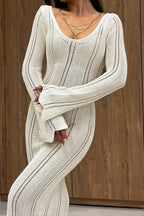 Elegant U Neck Knit Flare Sleeve Sheer Cutout Bodycon Maxi Dress