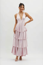 Satin V-Neck Cami Tiered Slim Maxi Dress