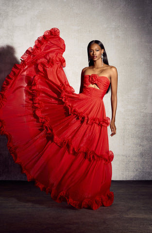 Erica Maxikleid aus plissiertem Chiffon mit Rüschen in Metallic 