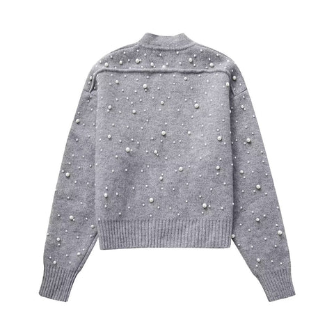 Herbst Damen Kleidung Rundhals Langarm Einreihiger Kunstperlenpullover 
