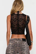 Lace Panel V Neck Sleeveless Sexy Slim Fit Halter Top