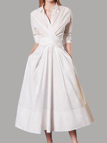 Elegante vestido midi de corte A con mangas largas, plisado y solapa en color liso 
