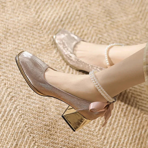 Spring Bling Mary Janes String Bead Shoes Women Bow Mid Heels Shoes 2024 Pumps New Mujer Wedding Fashion Elegant Zapatos Shallow