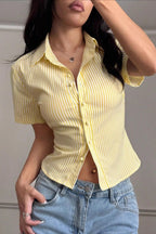 Striped V-Neck Short Sleeve Blouse