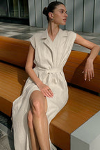 Linen Cotton High Waist Slit Tie Maxi Dress