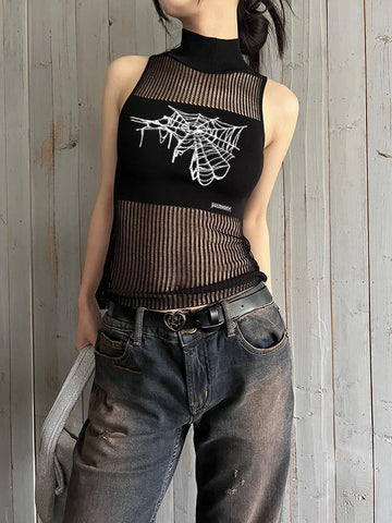 Streetwear Punk Hollowed Out Sleeveless Vest Sexy Tank Top Women Spider Print Goth Aesthetic Summer Fashion Girls Casual Tops