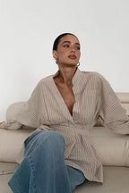 Striped V Neck Irregular Tie Waist Long Sleeve Blouse
