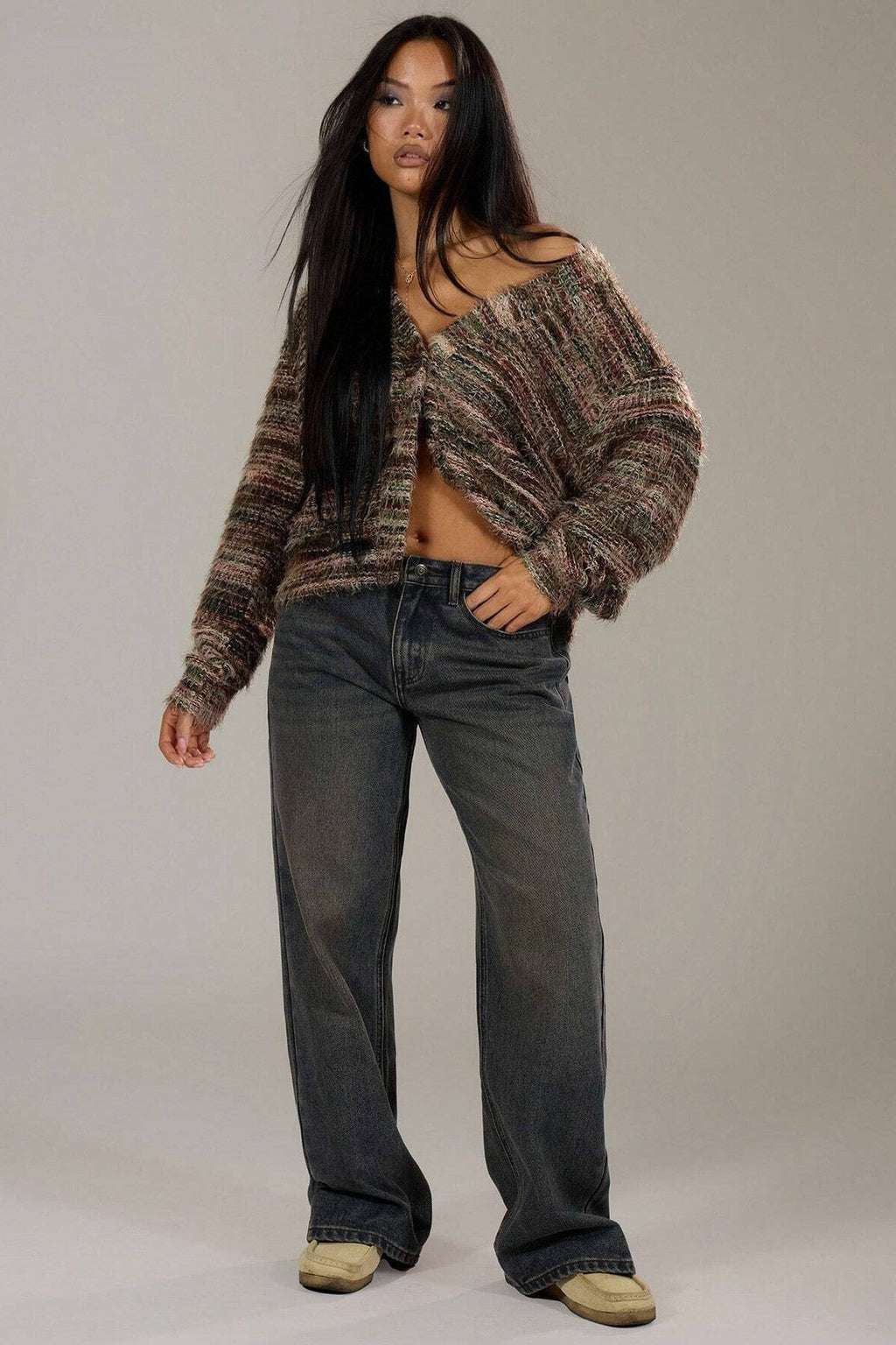 New Retro Fashion Deep V-Neck Maillard Plush Long-Sleeve Knit Cardigan