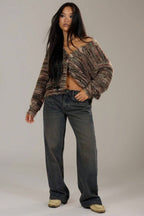 New Retro Fashion Deep V-Neck Maillard Plush Long-Sleeve Knit Cardigan