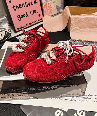 Chic Splicing Flats Lila Wildleder Lace Up Perle Zirkon 