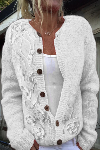 Prenda exterior informal de uso diario con estampado de flores que imitan a un suéter, botones en contraste y cuello redondo (8 colores) 